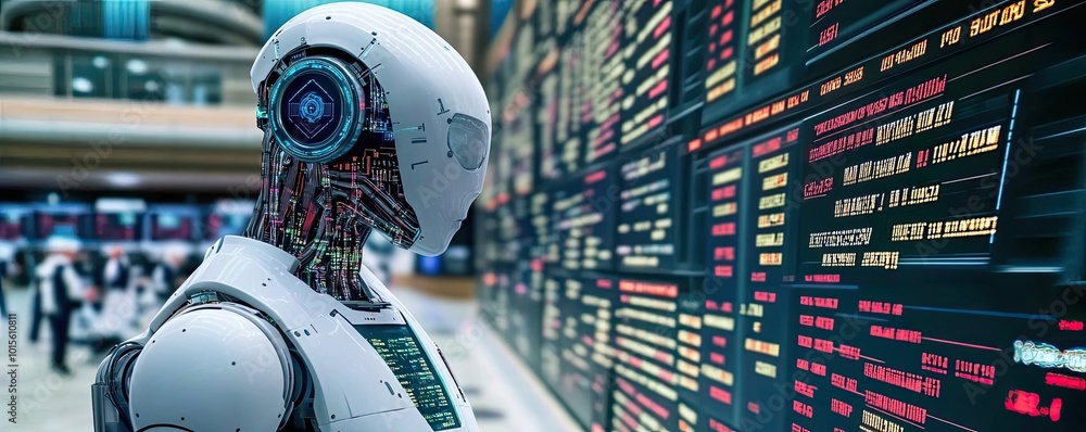 Poster futuristic robot analyzing digital information in a busy environment, showcasing technology and arti