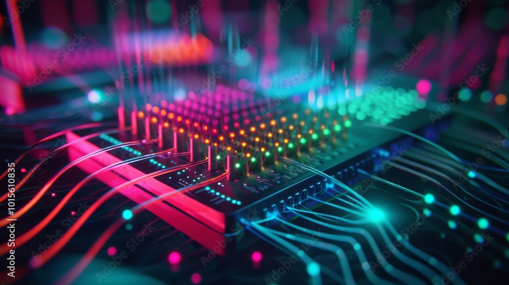 Aufkleber a vibrant futuristic processor lit by neon lights with dynamic data connections flowing around it. t