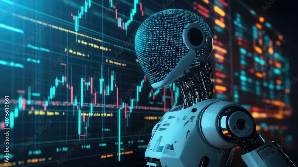 Poster futuristic robot analyzing stock market data with digital graphs and indicators, representing techno