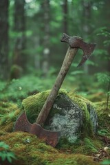 Old Viking Axe Abandoned on Mossy Forest Ground