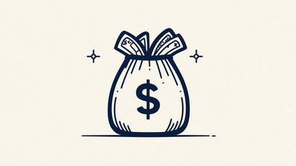 cartoon illustration of a money bag with dollar bills sticking out the top and a dollar sign on the front The bag is on a light background