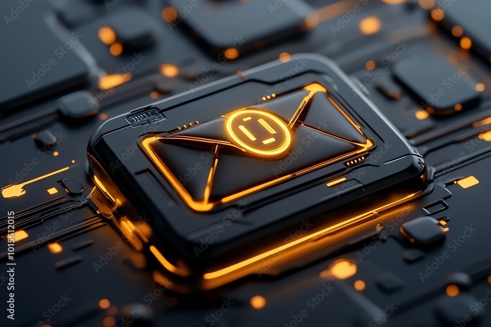 Poster High-tech futuristic email scam with glowing holograms, representing phishing attempts in a world of advanced digital interfaces