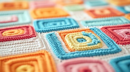 Crochet stitches forming a detailed geometric pattern, vibrant yarn colors, modern and creative fiber art, closeup photography
