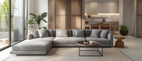 Interior of living room with grey sofa, table and folding screen