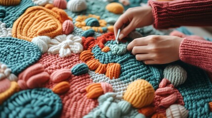 Hands creating a colorful crochet blanket, intricate stitches, cozy and artistic crafting process, warm and inviting textures