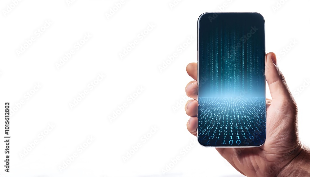 Poster mobile phone area with binary code reflection for smart phone technology presentation screen