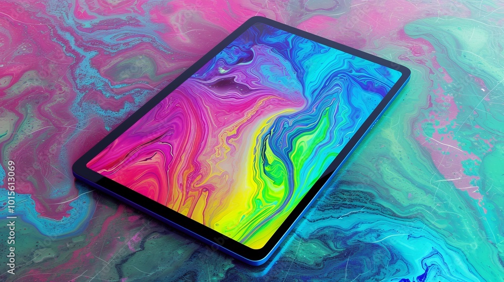 Poster a tablet showcases a dynamic psychedelic swirl on its screen, placed on a colorful background. the b