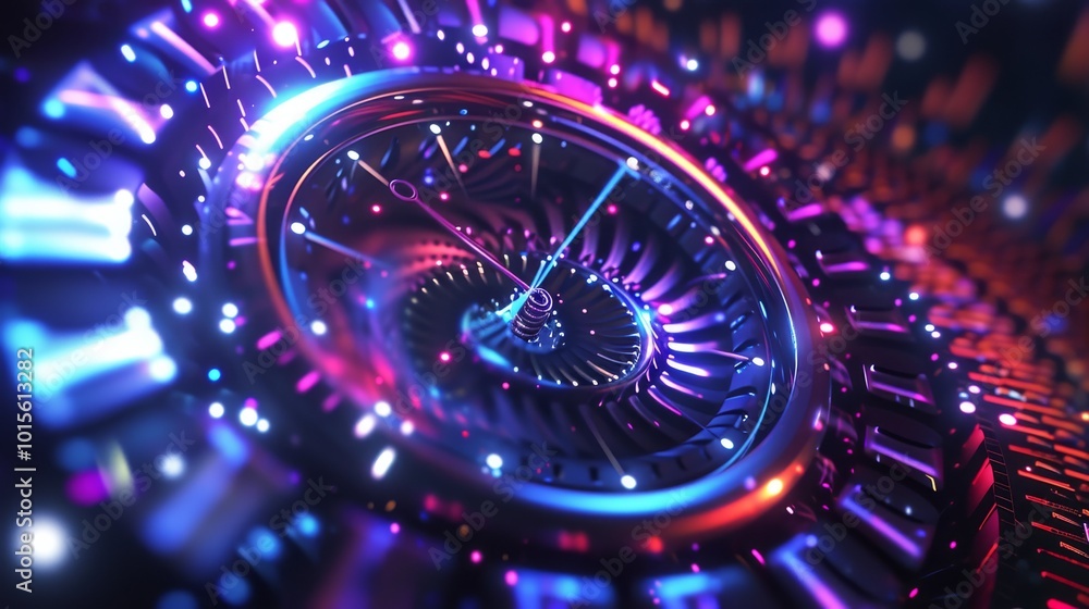 Poster A visually striking abstract design with rotating mechanical elements and vibrant neon lights. The dynamic composition gives a sense of motion and futuristic innovation.