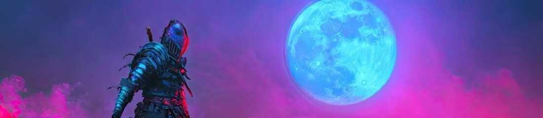 A mysterious warrior stands against a vibrant backdrop illuminated by a full moon, embodying strength and intrigue in a fantasy realm.