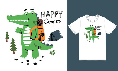 Cute crocodile camping illustration with tshirt design premium vector