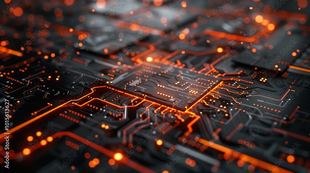 Poster a close-up of a high-tech electronic circuit board featuring intricate patterns and glowing orange l