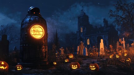Spooky Halloween scene featuring glowing pumpkins, an eerie graveyard, and a mysterious lantern under a dark night sky.