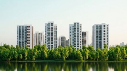 Fototapeta premium Modern city skyline with residential buildings and lush greenery reflected in water.