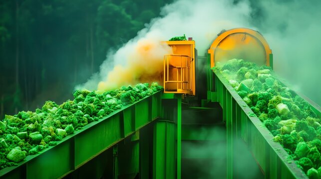 Machinery processing green vegetables in an industrial setting with steam.