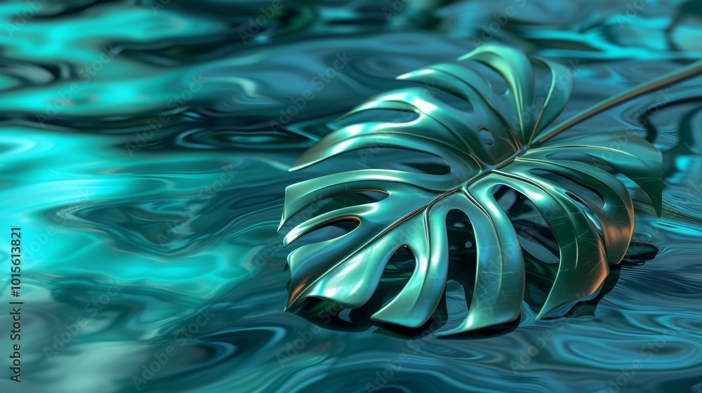Poster a striking 3d rendering of a single monstera leaf with a smooth metallic finish, gently floating on 
