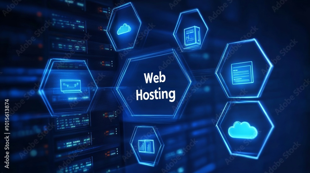 Poster a futuristic concept of web hosting services with server racks in the background and icons represent