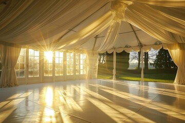 A large, open space with tables and chairs set up for a banquet, generative ai image