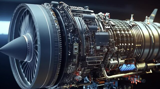 Close-up of a jet engine with intricate details and a blurred background.