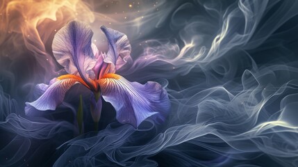 A mystical iris flower with delicate purple and orange petals, surrounded by swirling smoke and soft lighting effects. The enchanting atmosphere merges nature with surreal elements, perfect for