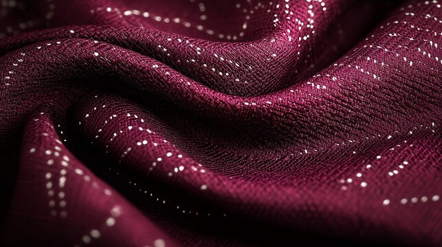 Deep burgundy Mudmee fabric with silver thread accents, luxurious and rich textile art, detailed and elegant Thai weaving