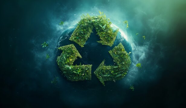 A visually striking design featuring a green Earth at the center, encircled by three interlocking triangles forming a recycled symbol.
