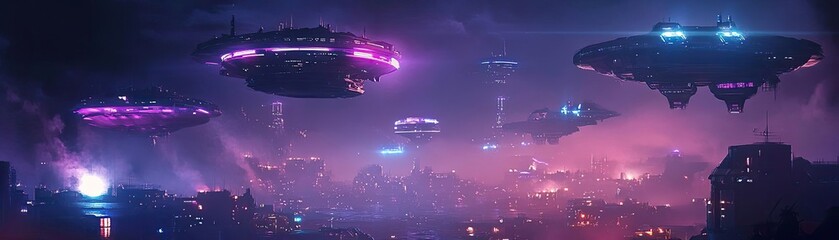 Futuristic cityscape with vibrant neon colors and hovering spaceships, creating an otherworldly atmosphere at night.