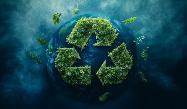 A visually striking design featuring a green Earth at the center, encircled by three interlocking triangles forming a recycled symbol.