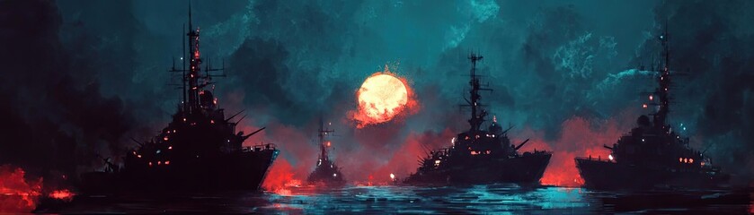 Fototapeta premium A dramatic sea scene featuring silhouetted ships against a fiery sunset, creating an atmosphere of mystery and adventure.
