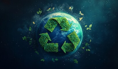 Fototapeta premium A visually striking design featuring a green Earth at the center, encircled by three interlocking triangles forming a recycled symbol.