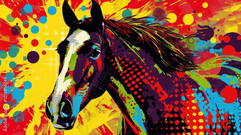 Poster a vibrant pop art depiction of a horse featuring a colorful array of splashes and patterns. bold ton