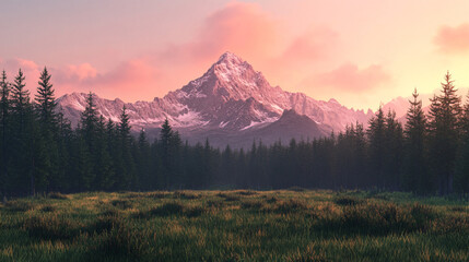 Obraz premium A mountain peak towering over a dense pine forest under a soft pink sunset.