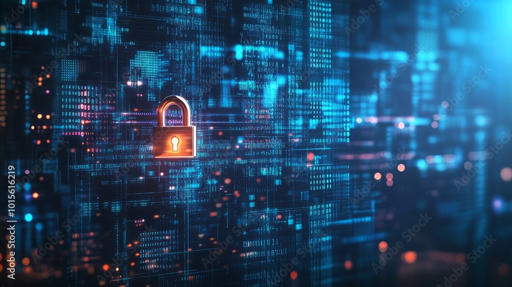 Aufkleber a glowing padlock symbol on a background of digital code, representing cybersecurity.