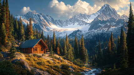 A mountain cabin nestled in a forest clearing, with a backdrop of towering snow-covered peaks.