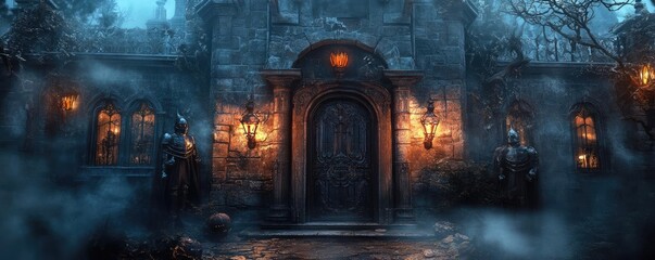 Obraz premium Mysterious ancient mansion with glowing lanterns, surrounded by fog and dark trees, creating an eerie atmosphere at night.