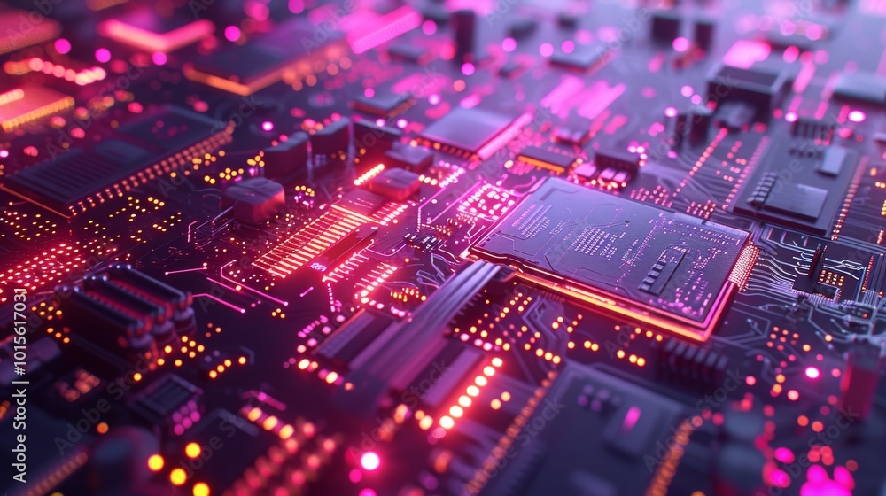 Poster a close-up of a high-tech circuit board illuminated with glowing purple lights, focusing on the cent