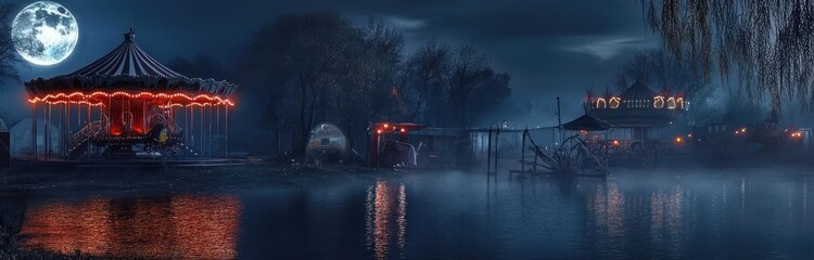 A serene nighttime scene featuring a glowing carousel, moonlit water, and rustic charm, evoking a sense of wonder and nostalgia.