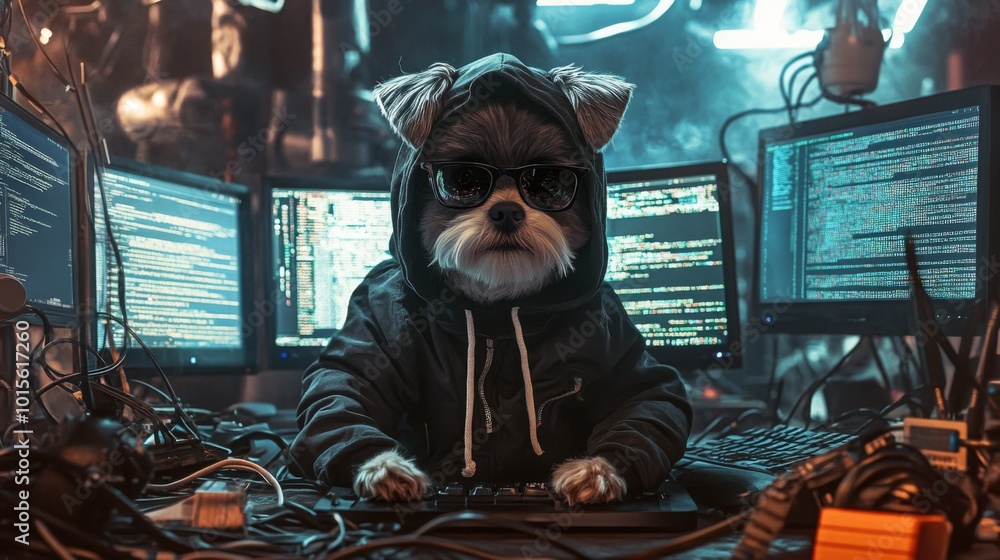 Leinwandbilder A small dog dressed in a hoodie and sunglasses is intently typing on a keyboard surrounded by four computer monitors displaying lines of code. The atmosphere is techy and atmospheric.