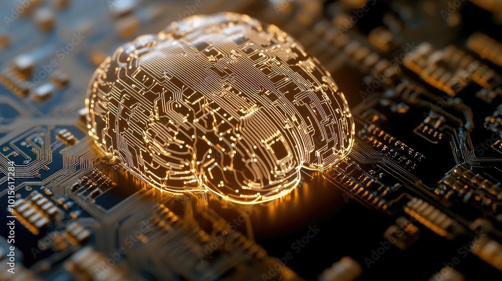 Poster a futuristic depiction of a golden brain design on a circuit board, symbolizing artificial intellige