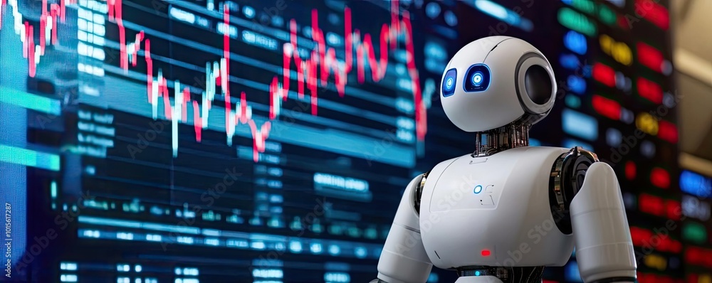 Poster futuristic robot standing in front of a digital trading chart, symbolizing the intersection of techn