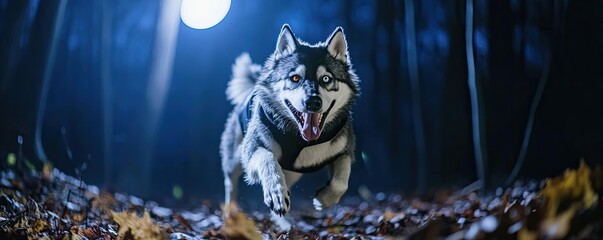 A playful husky runs freely through a dark forest illuminated by moonlight, showcasing its vibrant energy and beauty.