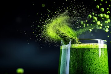 Hyper-realistic close-up of spirulina powder being sprinkled into a smoothie, with vivid green particles and fine details representing superfood health supplements