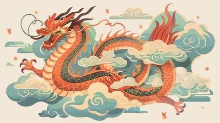 Graphic of a dragon swirling in clouds flat design front view sky dance theme cartoon drawing Triadic Color Scheme