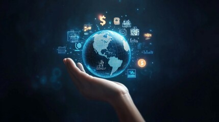 A hand holding a glowing blue globe with digital icons surrounding it, representing global connectivity and digital technology.