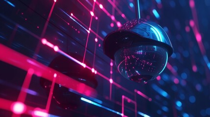 A futuristic security camera is positioned against a backdrop of glowing neon circuits and digital data. The sleek dome camera and vibrant colors give the scene a high-tech, cyberpunk feel.