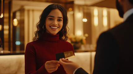 Smiling Woman Receiving a Credit Card at Hotel Reception Desk