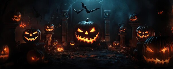 A spooky Halloween scene filled with glowing jack-o'-lanterns, bats, and dark shadows, perfect for festive decor and invitations.