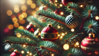 A beautifully decorated Christmas tree adorned with colorful ornaments and twinkling lights, creating a festive atmosphere.