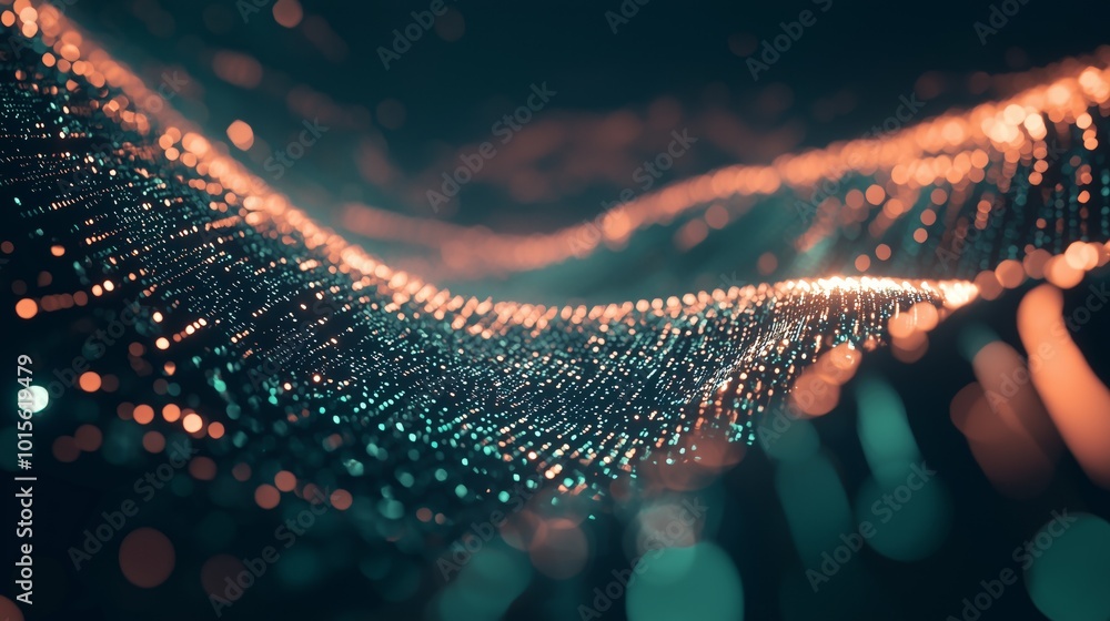 Poster glowing abstract wave of luminous data particles