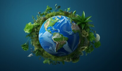 Naklejka premium he Earth’s globe made entirely from lush greenery, symbolizing environmental awareness and the flourishing of society through sustainability and responsibility.