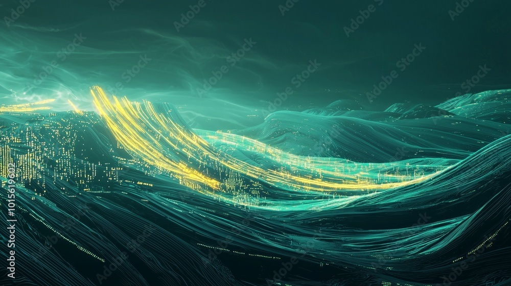 Poster glowing futuristic data wave visualization